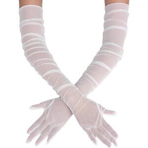 Women's White Tulle Mesh Satin Long Sheer Gloves Wedding Opera Party Prom